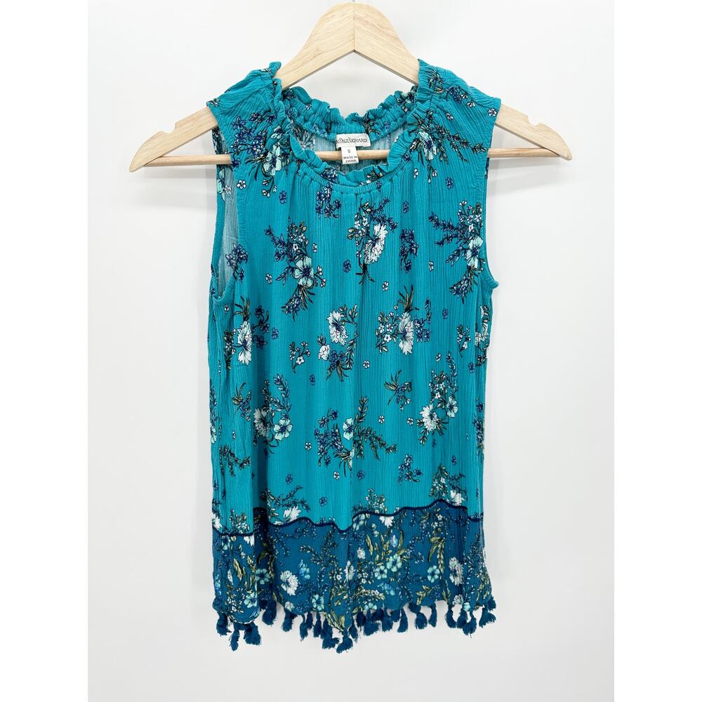 John Paul Richard Womens Blue Floral Sleeveless Tank Top Tassel Boho Shirt S